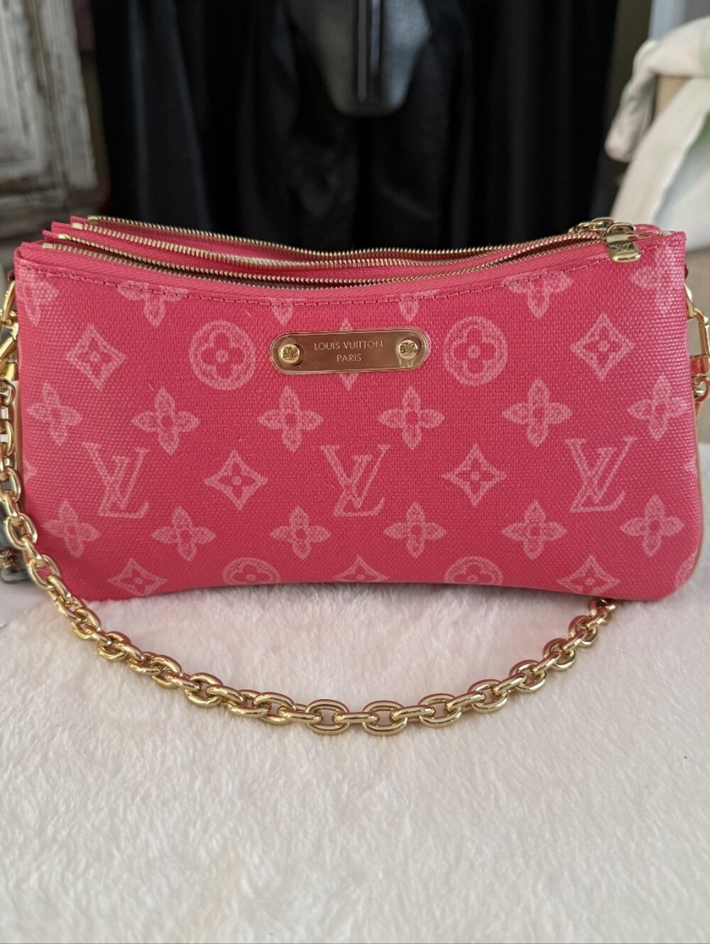 Super Cotton Denim Popit Pink Mono Pochet LVI w Gold Chain Straps